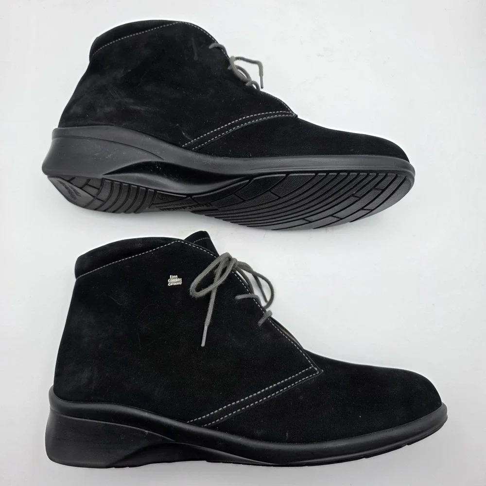 Finn Comfort Boots Mostar Womens 6.5 Black Nubuck Leather Ankle Comfort Lace‎ Up